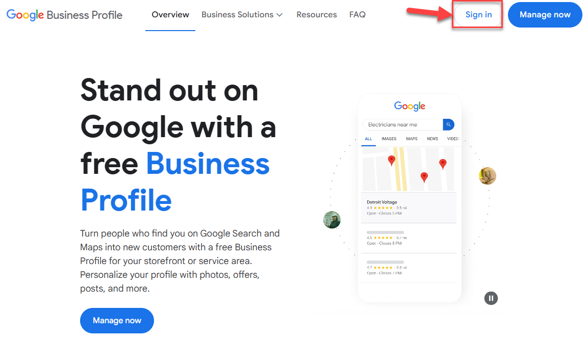 Screenshot highlighting the Sign In button on the Google Business Profile website