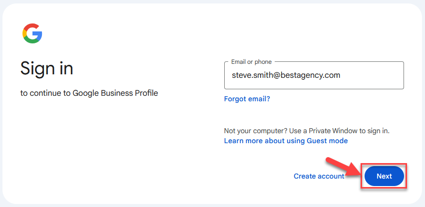Screenshot showing the first page in Google's sign in process, highlighting the Next button to proceed to entering the account password