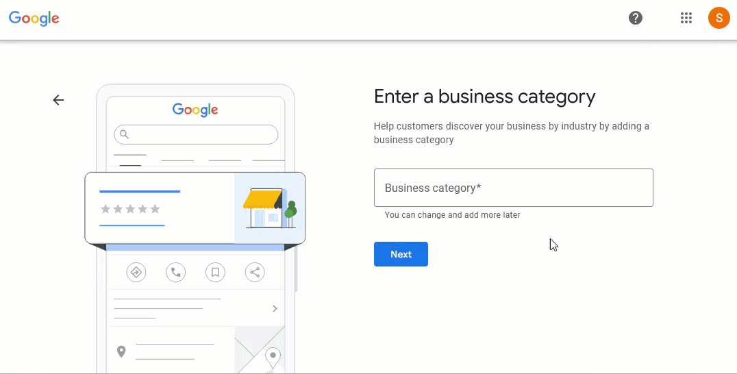 Animated image showing how to enter the profile's business category