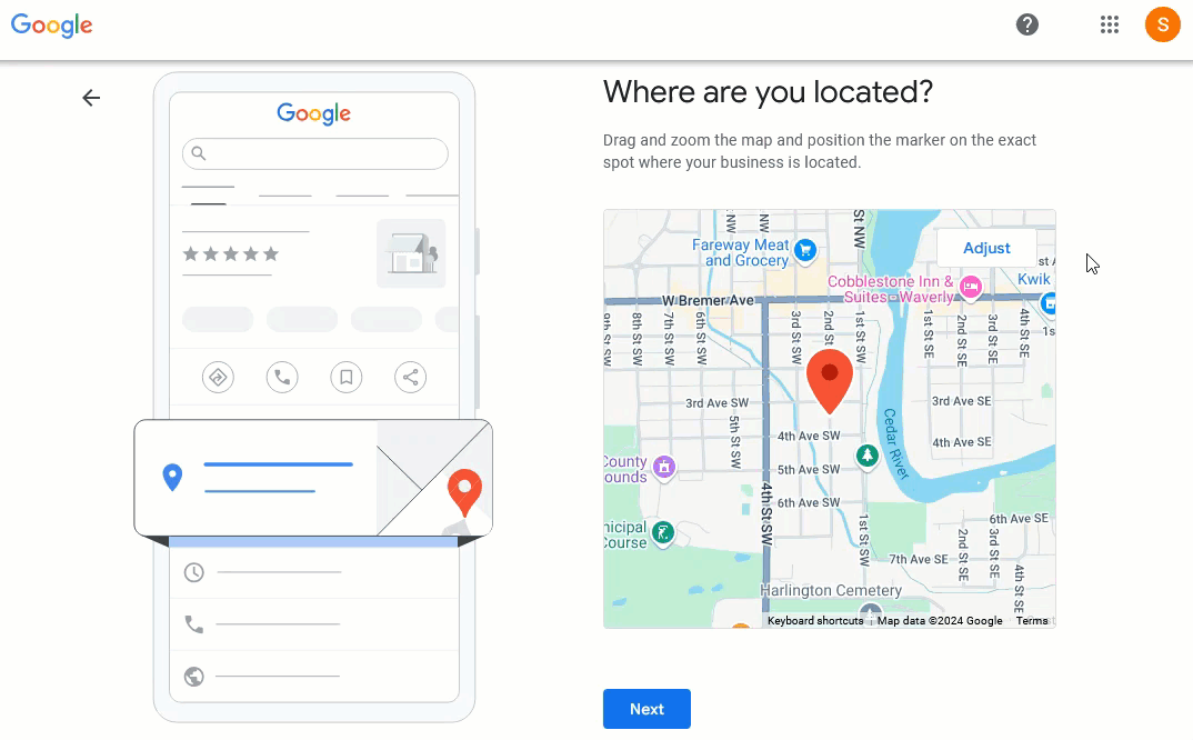 Animated image showing how to mark the business's location on Google Maps