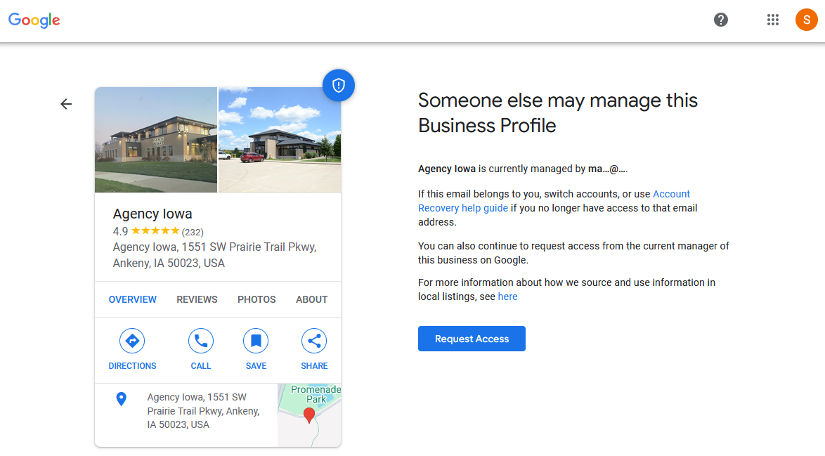 Screenshot showing a page in profile setup if the desired business name is already being used