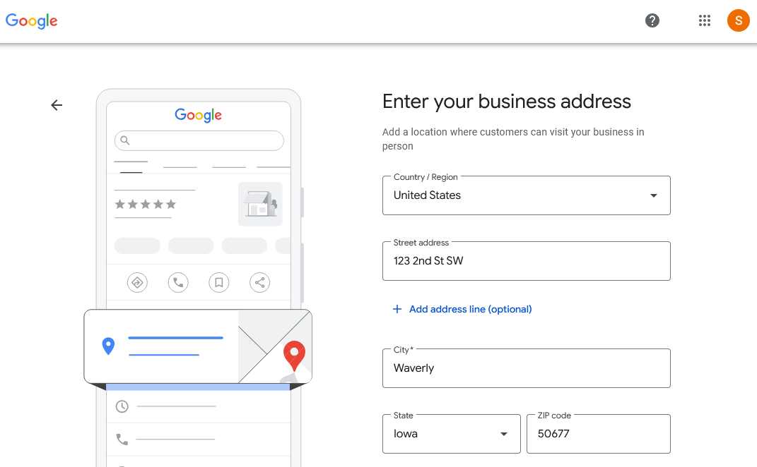 Screenshot showing a page in profile setup where the user must enter their business or mailing address