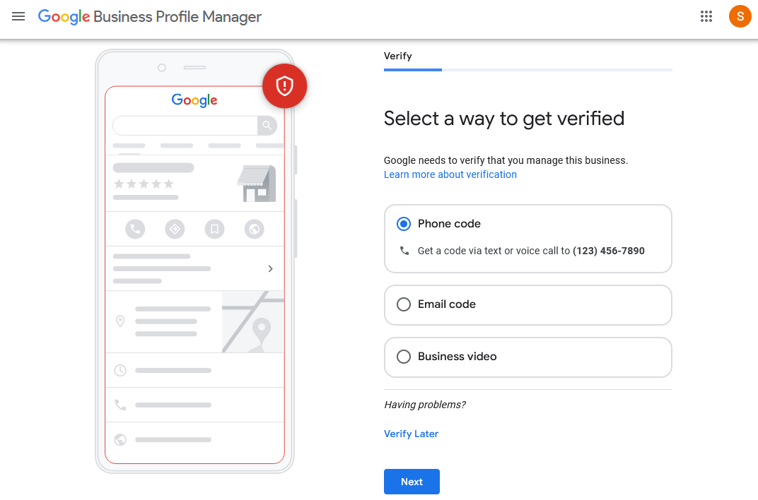 Screenshot showing a sample of Google's profile verification methods