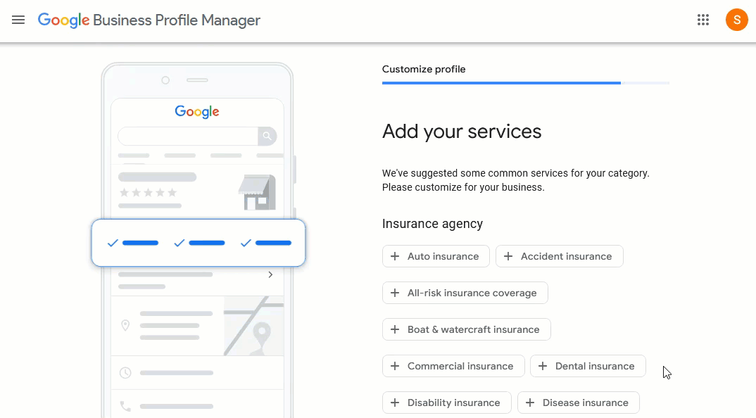 Animated image showing how to add service areas to the profile
