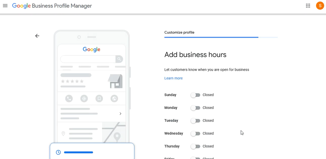 Screenshot showing a page where the profile's business hours can be added