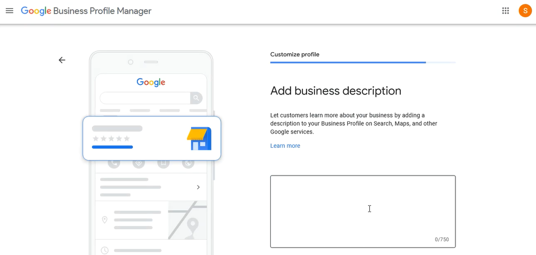 Screenshot showing a page where the profile's business description can be added