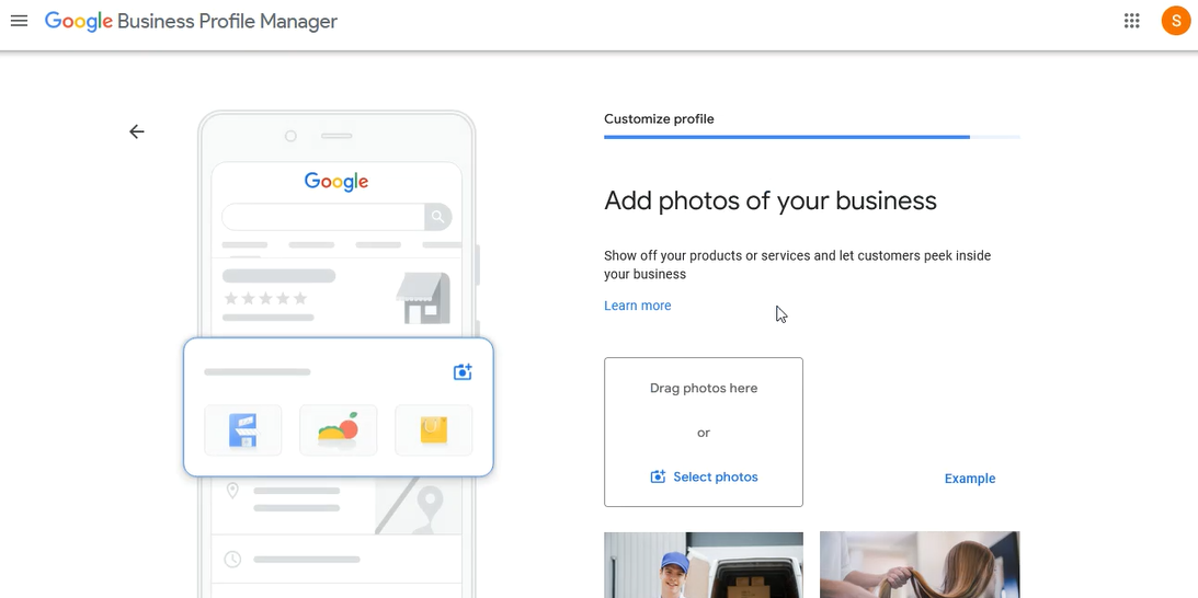 Screenshot showing a page where photos of the business can be uploaded to the profile