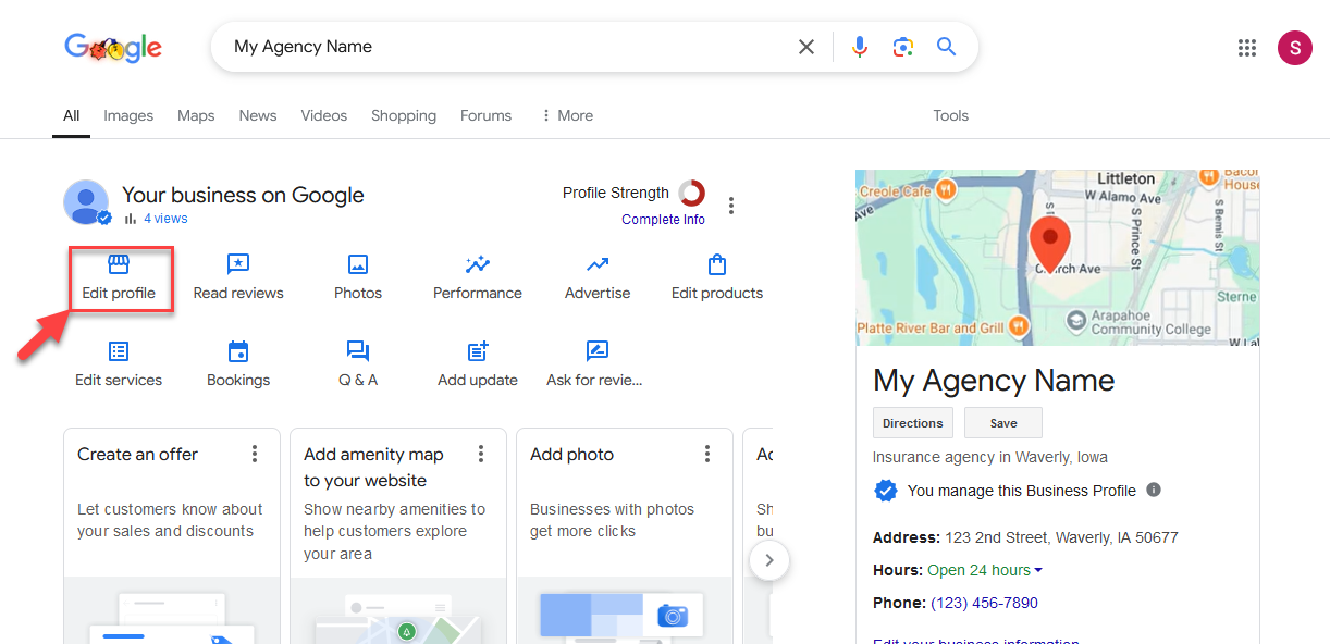 Screenshot highlighting the Edit profile button on the business profile dashboard