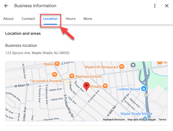 Screenshot showing the Location tab in the business profile information