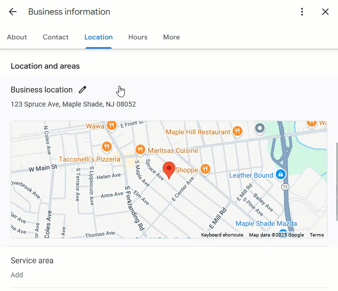Animated image showing how to hide the profile's business address