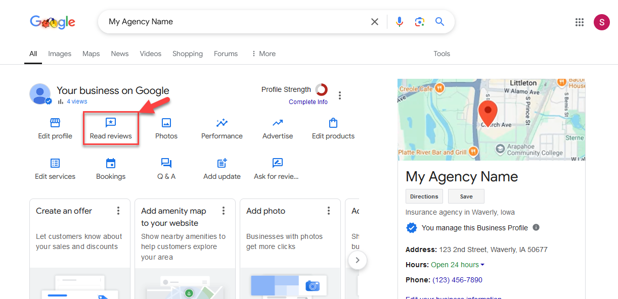 Screenshot showing the Read reviews option on the business profile dashboard