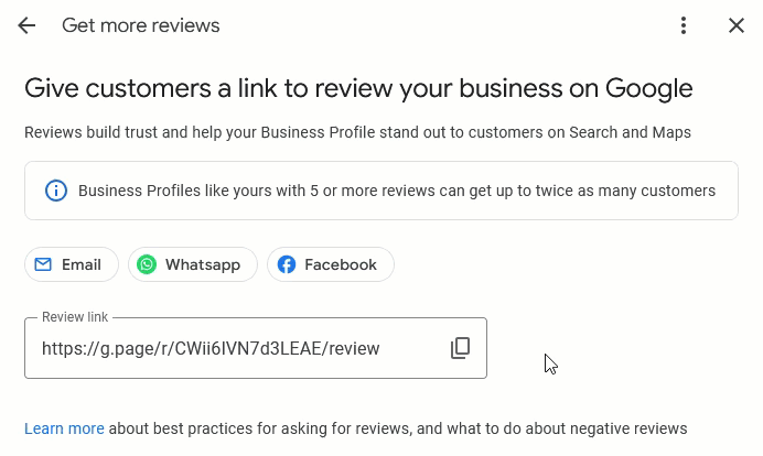 Animated image showing how to copy the profile's Google reviews URL by clicking on the URL in the Get more reviews card