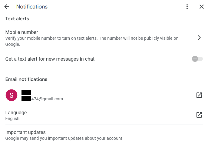 Screenshot showing the profile's notificaton settings