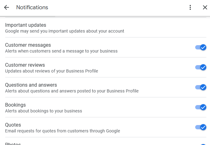 Screenshot showing the available email notifications that can be turned on or off