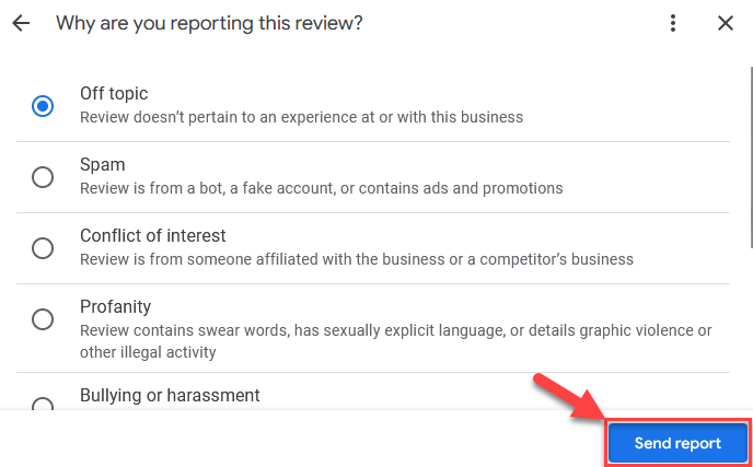 Screenshot showing how to report an inappropriate review