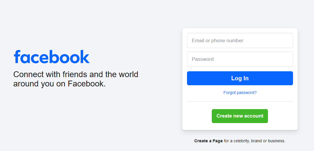 Screenshot showing the Facebook login page