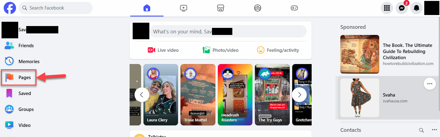 Screenshot showing the Pages link in Facebook's left-hand panel