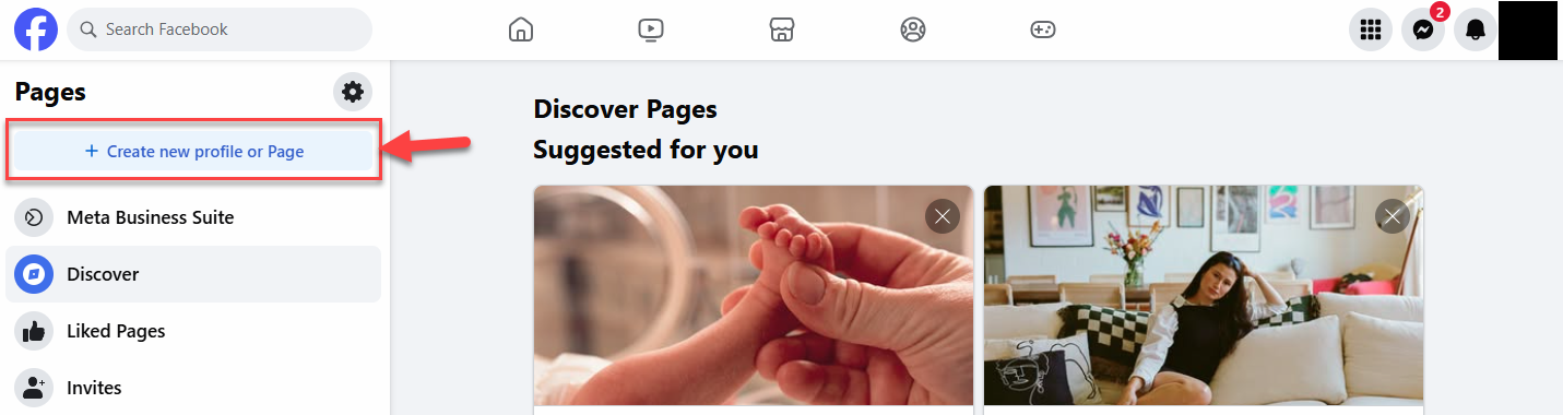 Screenshot showing the Create new profile or Page button