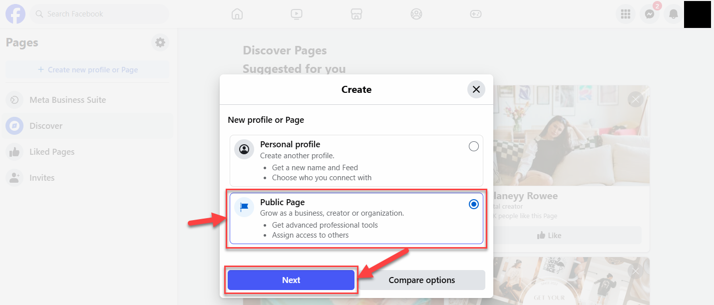Screenshot showing a modal with options to create a new personal profile or public page with the public page option selected