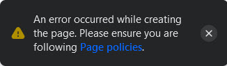Screenshot showing an error message that may display when attempting to create a new Facebook Page