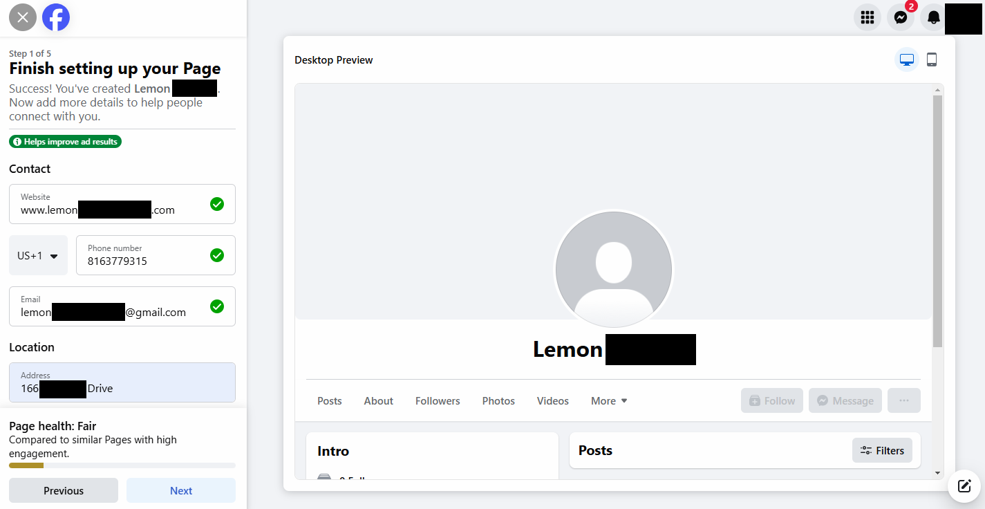 Screenshot showing the contact information section of the Finish setting up your Page portion of the process