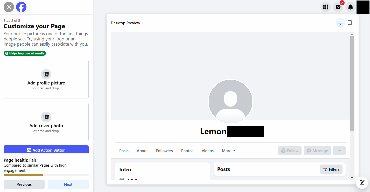 Screenshot showing the profile photo, cover photo, and action button sections of the Customize your Page portion of the process