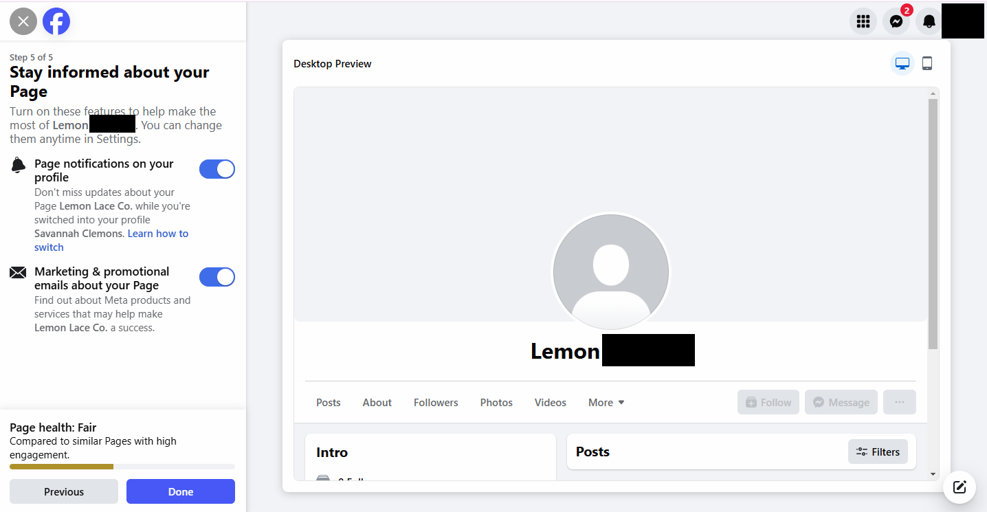 Screenshot showing the notifications section of the Stay informed about your Page portion of the process