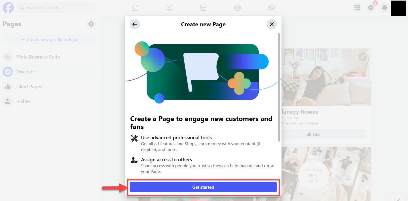 Screenshot showing the Get started button in the Create new Page modal