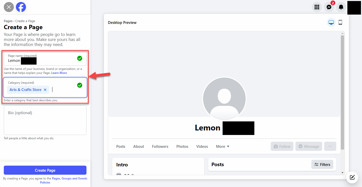 Screenshot showing the page name, category, and bio sections of the Create a Page portion of the process