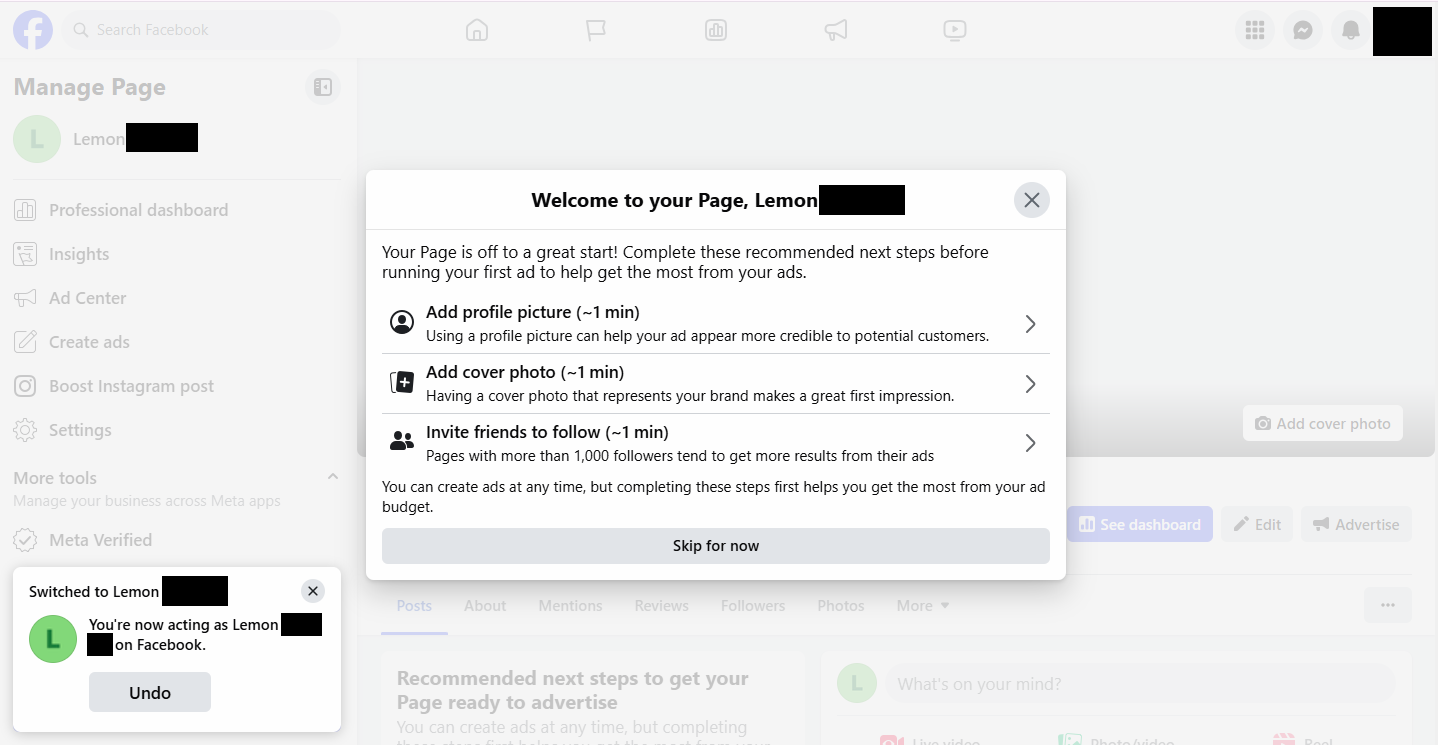 Screenshot showing a welcome screen upon successfully creating your Page