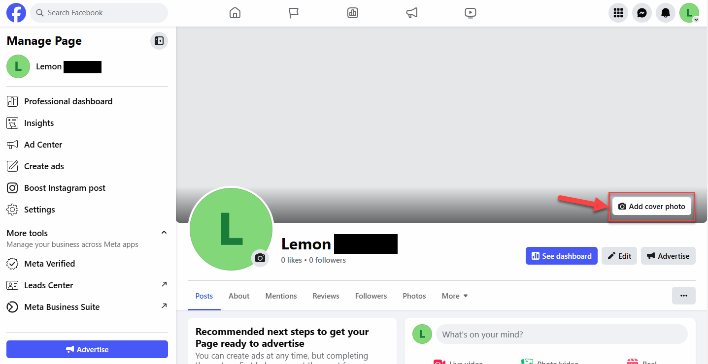 Screenshot showing how to add a cover photo to your Facebook Business Profile