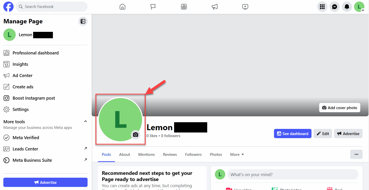 Screenshot showing how to add a profile photo to your Facebook Business Profile