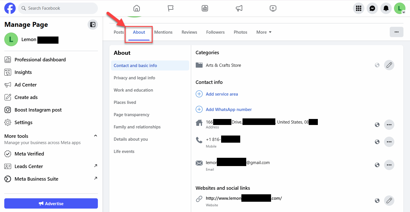 Screenshot showing where to complete the About sectioin in your Facebook Business Profile