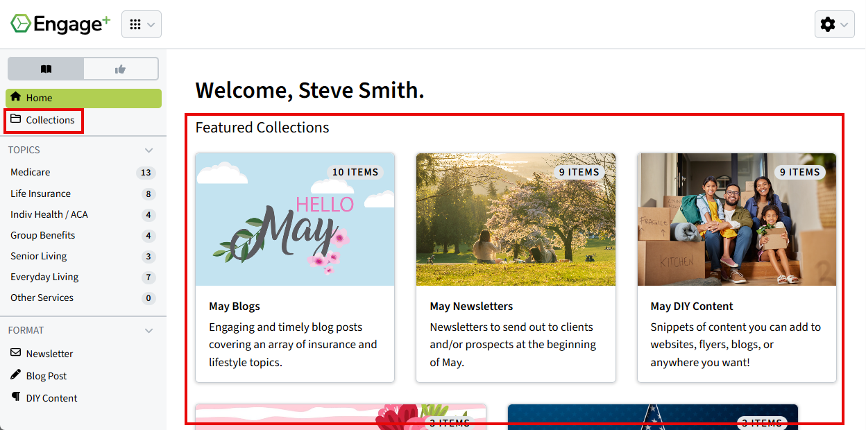Screenshot highlighting Collections and Featured Collections on the Engage+ Content Marketing homepage