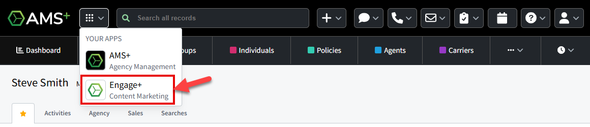 Screenshot showing the app menu in AMS+