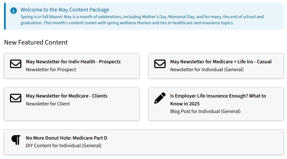 Screenshot highlighting the New Featured Content section on the Engage+ Content Marketing homepage