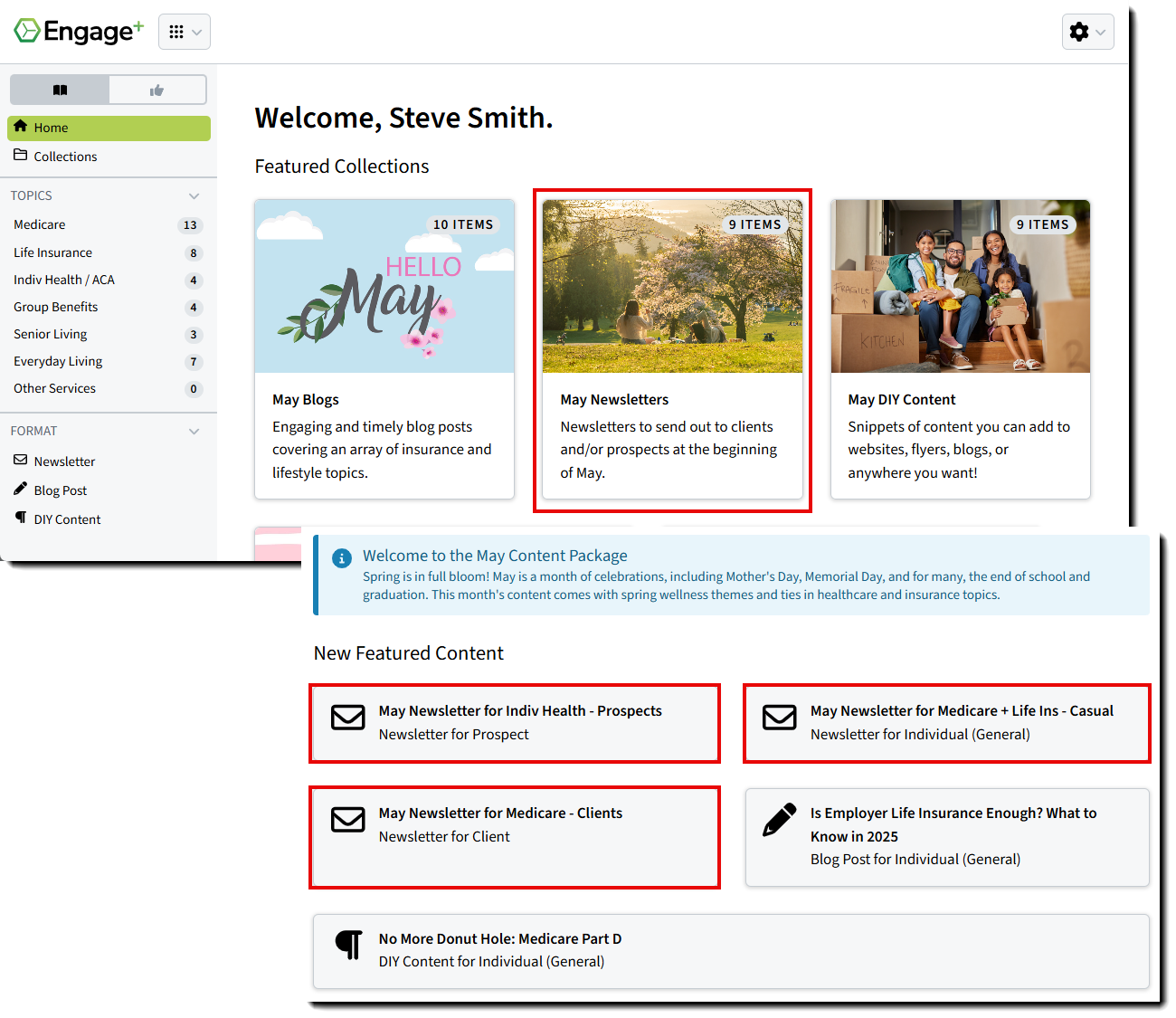 Image showing where to access newsletter content on the Engage+ Content Marketing homepage