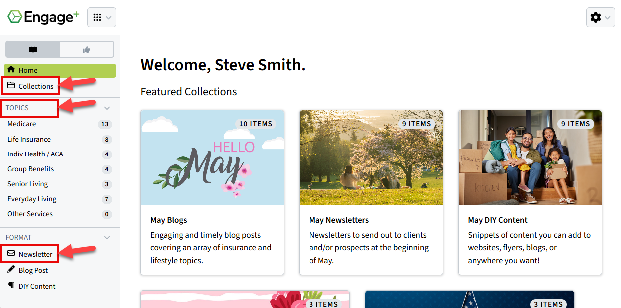 Screenshot showing how to navigate to newsletter content in the Engage+ Content Marketing left-hand menu