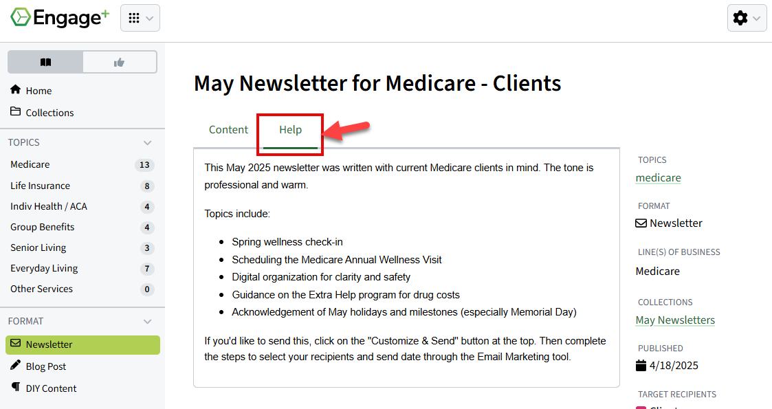 Screenshot showing a newsletter's help tab for additional information