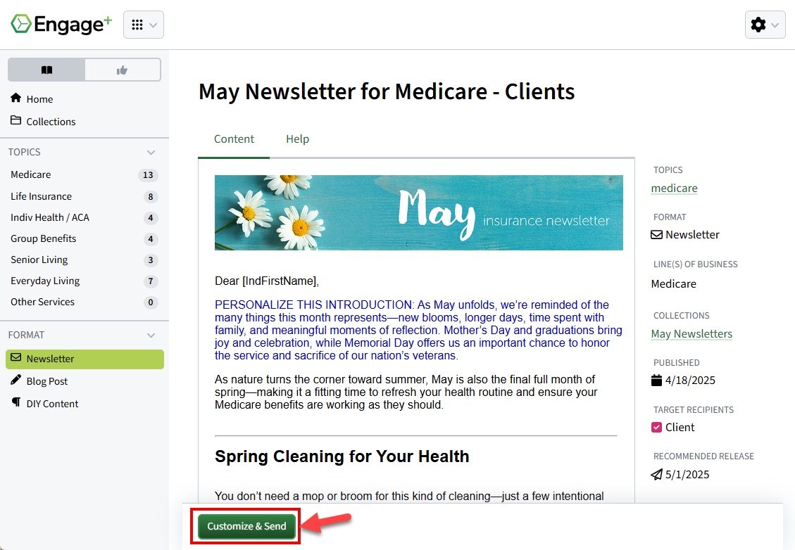 Screenshot showing a newsletter and highlighting the Customize and Send button