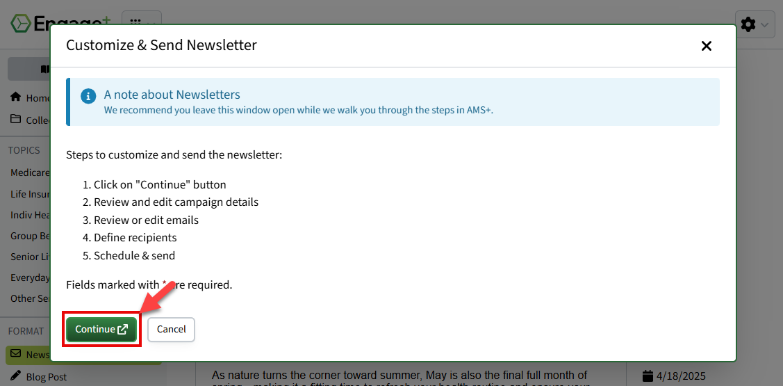 Screenshot showing a pop-up window with instructions and a button to continue