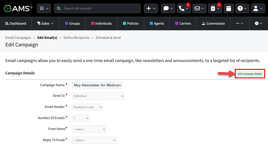 Screenshot showing the newsletter in a new Email Marketing campaign in AMS+ with emphasis on the Edit Campaign Details button