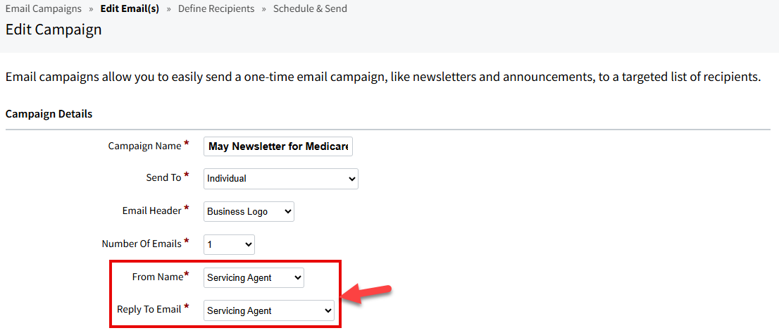 Screenshot showing highlighting the From Name and Reply To Email fields in the newsletter's Campaign Details