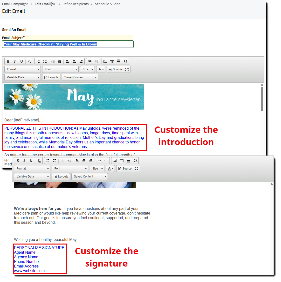 Image highlighting sections in the email content that need to be updated before sending