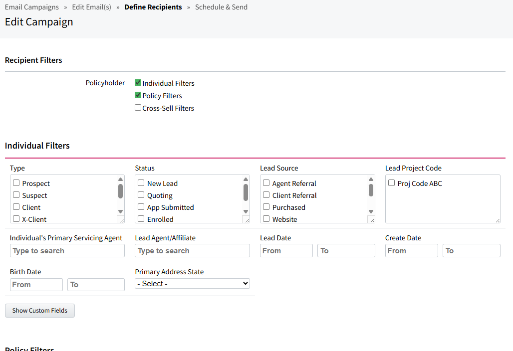 Screenshot showing the campaign's recipient filters