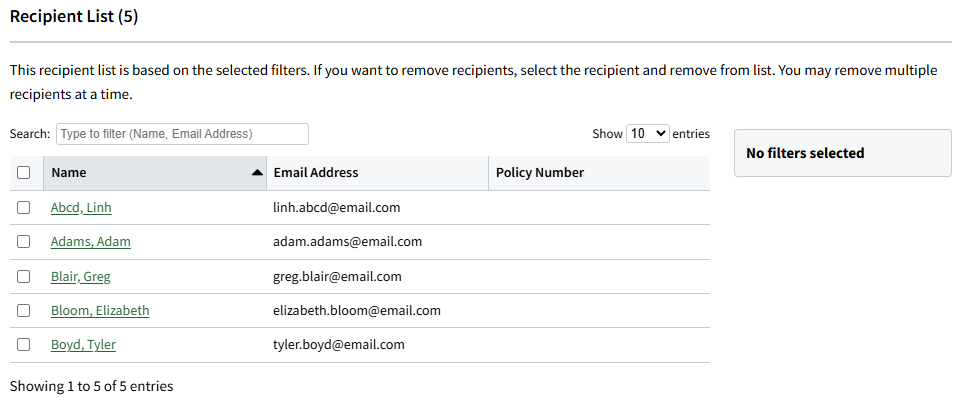 Screenshot showing the Recipient List