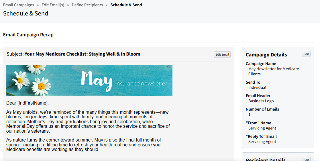 Screenshot showing the Email Campaign Recap