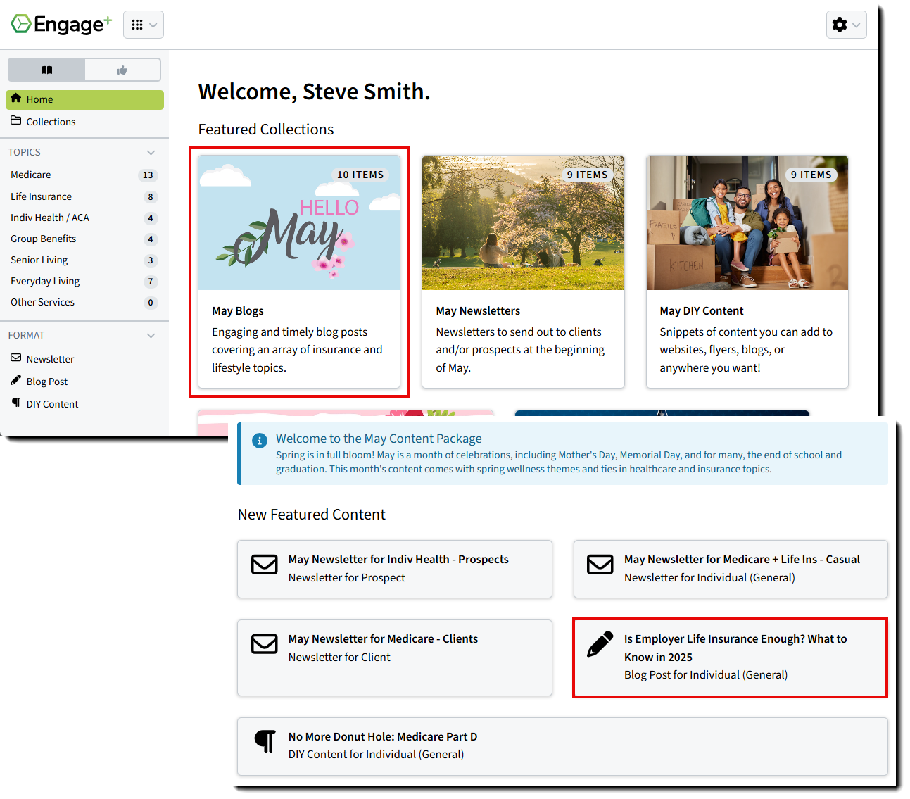 Screenshot showing how to navigate to blogs on the Engage+ Content Marketing homepage
