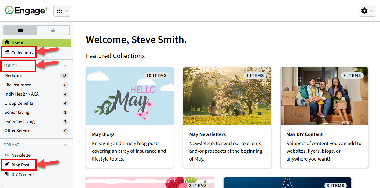 Screenshot showing how to navigate to blogs from the Engage+ Content Marketing left-hand menu