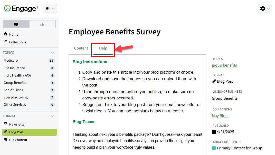Screenshot showing a blog's help tab for additional information